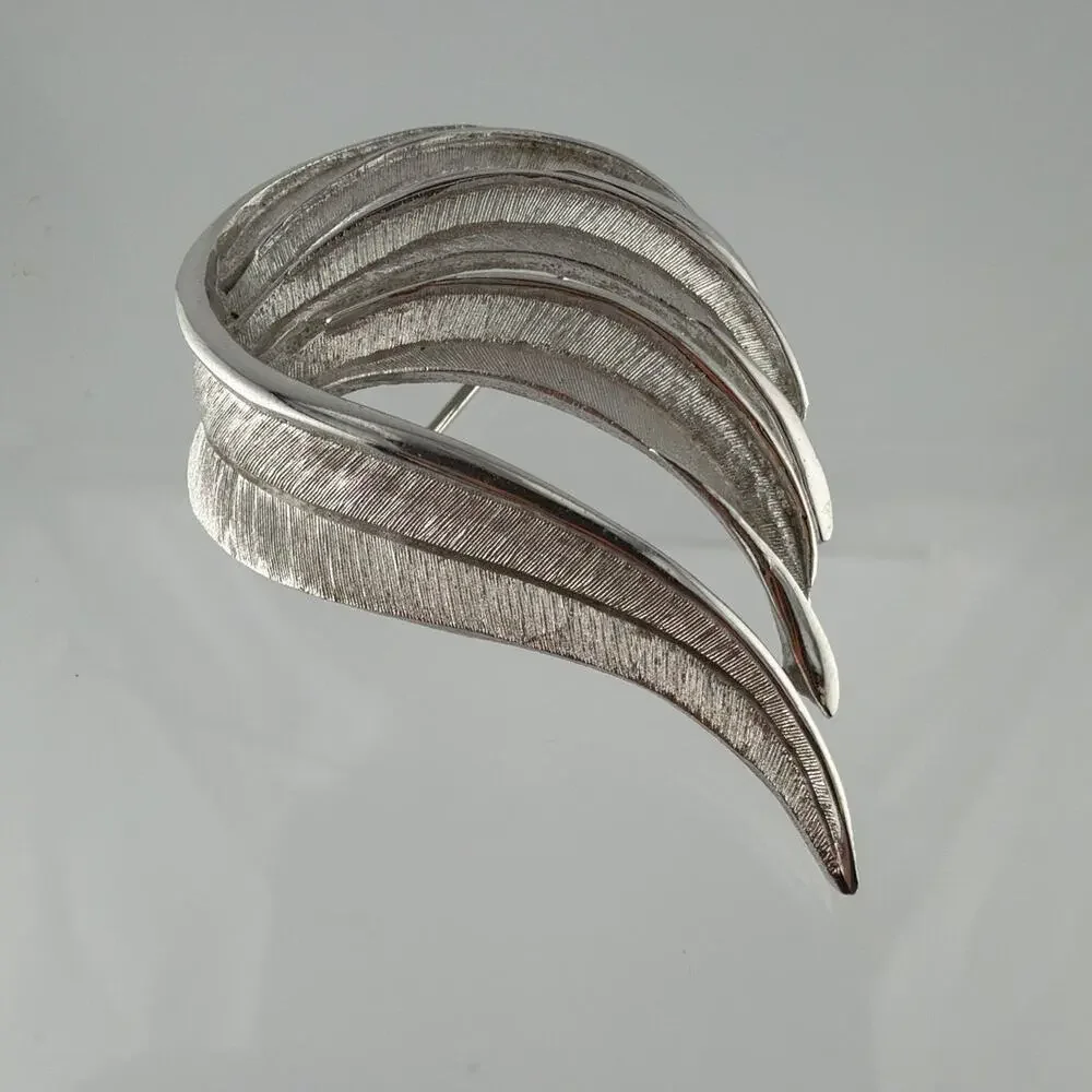 Vintage Trifari Brushed Silver Tone Leaf Brooch